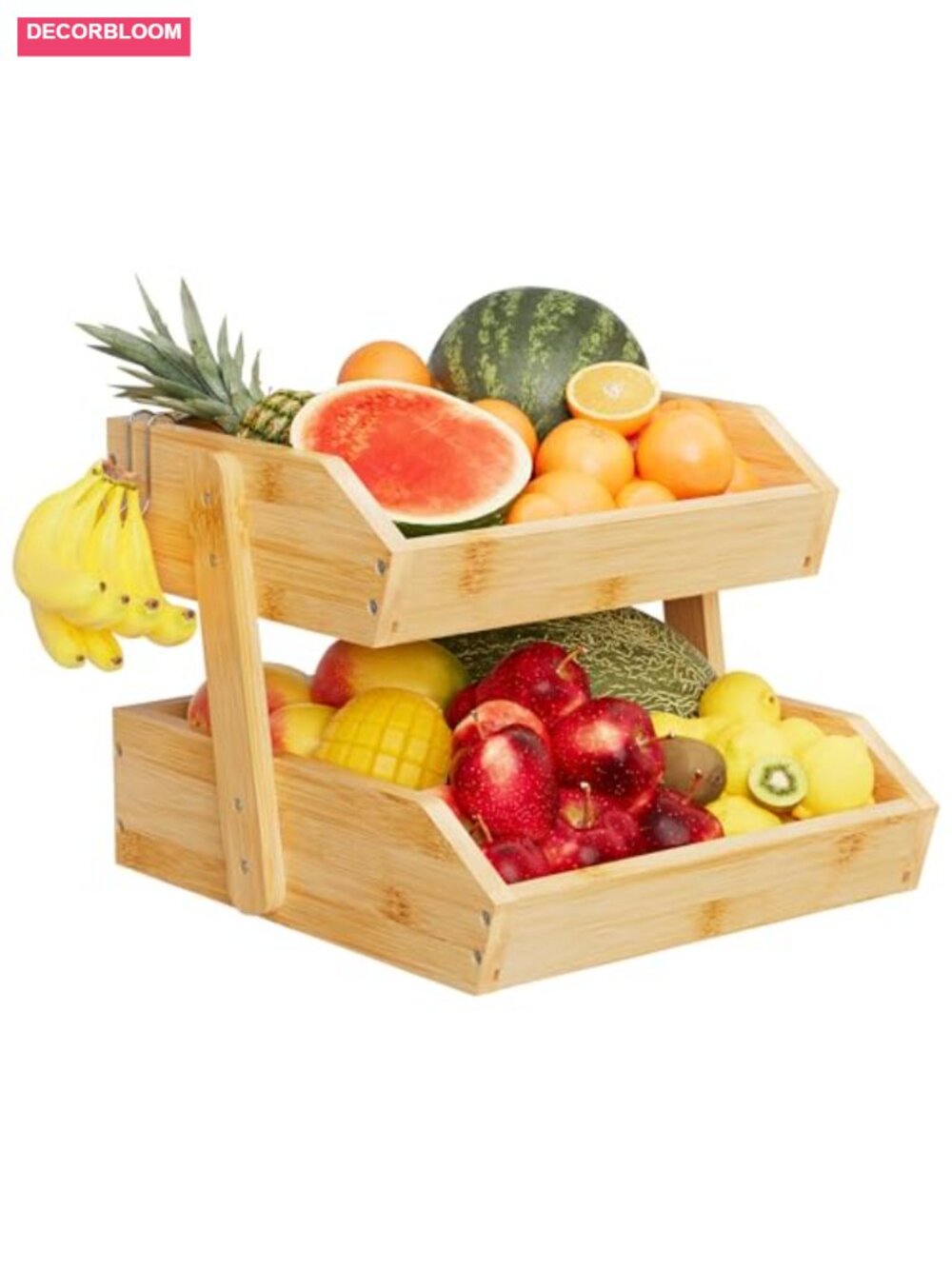 2 Tier Bamboo Fruit Basket Counter Organizer with Banana Hangers